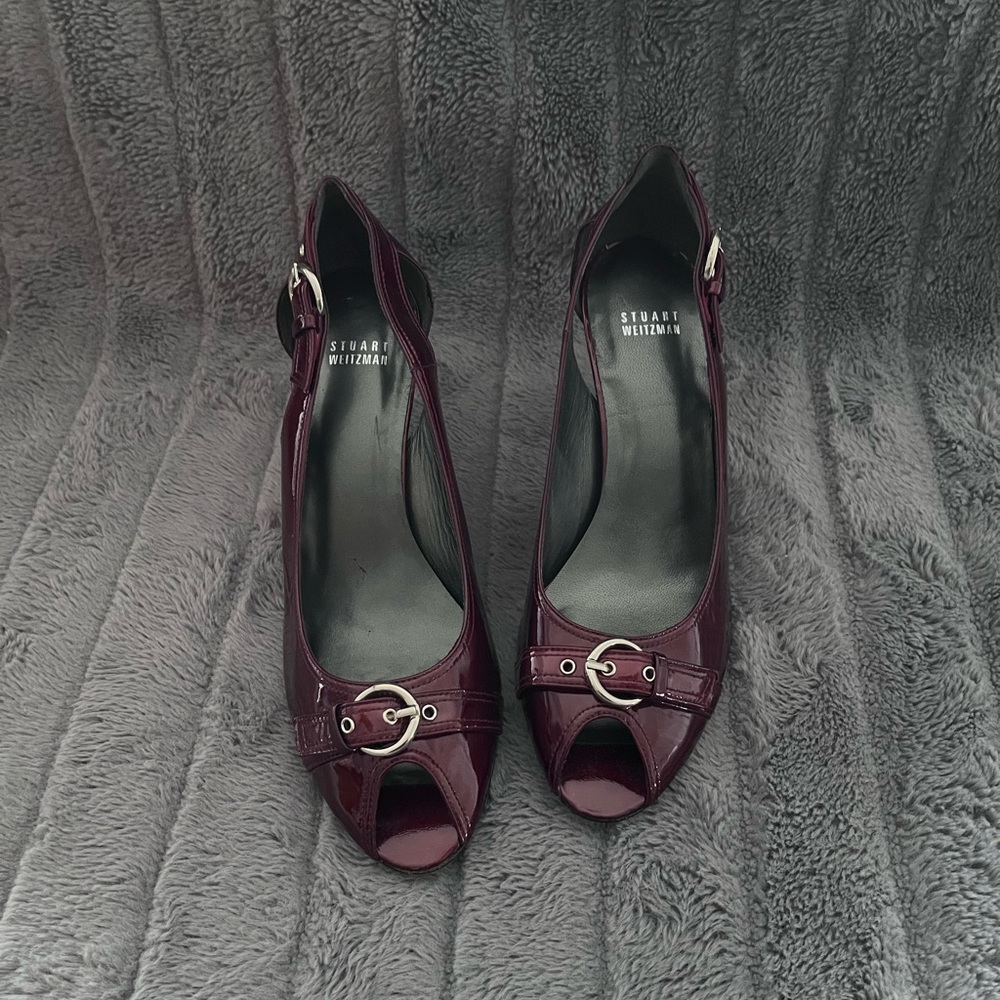 Stuart Weitzman Red Patent Buckle Heels